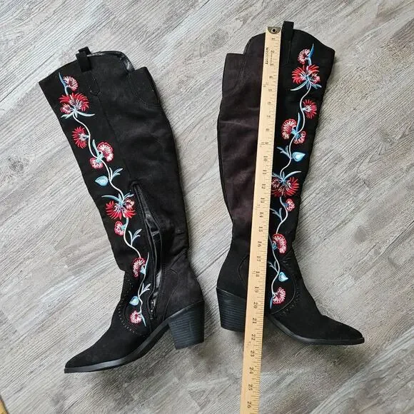 Carlos by Carlos Santana Black Over the Knee Boots with Red Floral Embroidery - Picture 9 of 15
